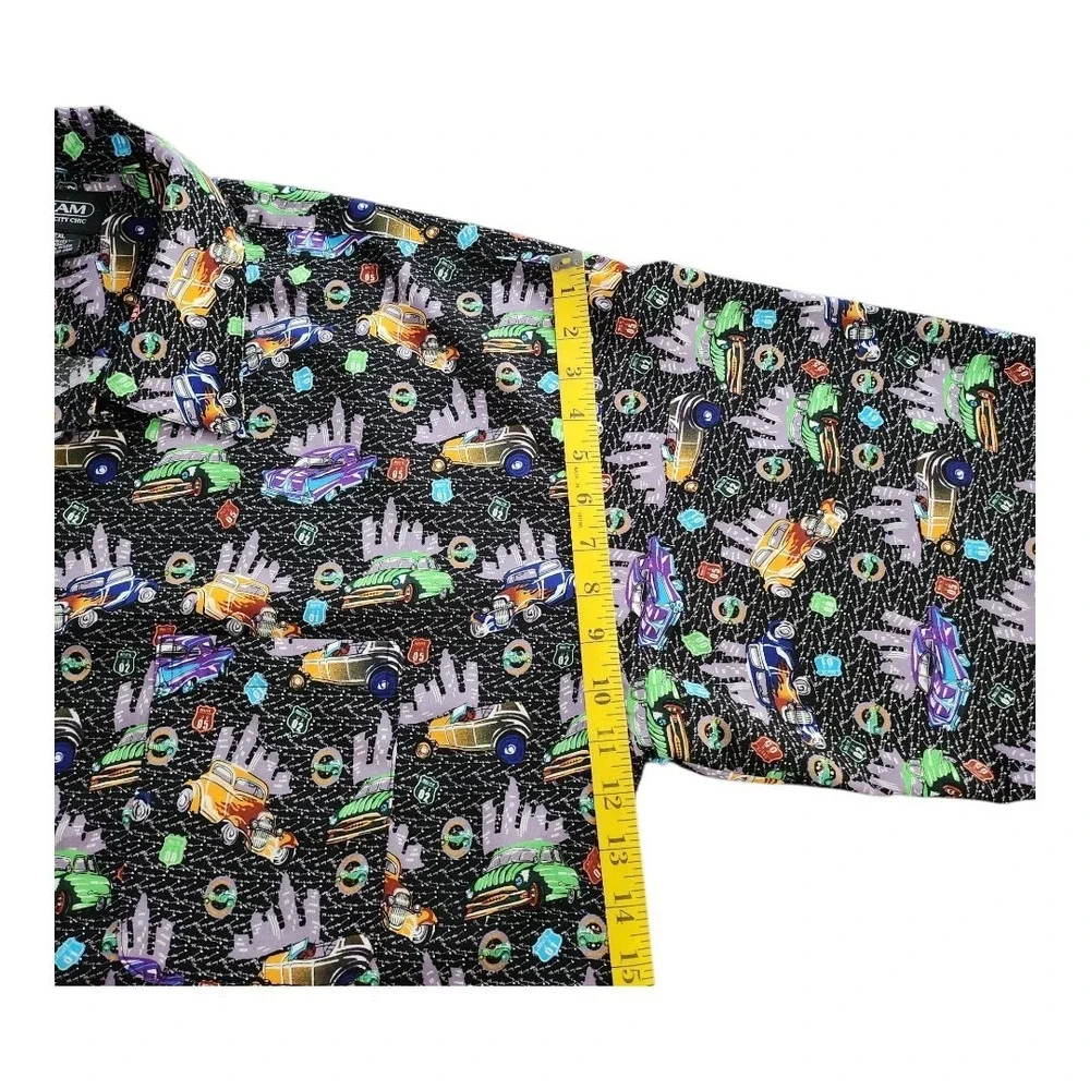 ZAM Short Sleeve Button‎ Up Vintage Black Shirt Size 2XL Cars City Colorful NWOT